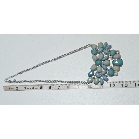 Retro 60s Statement Blue Gray Teardrop Beaded Bib Necklace Silver Tone Chain - Picture 4 of 5